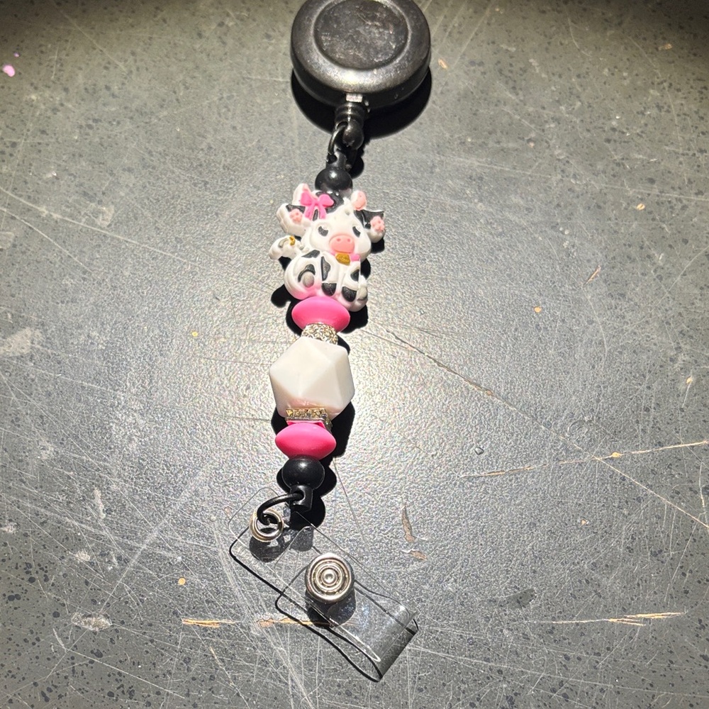 Pink & White Cow Beaded Badge Reel - Unbranded